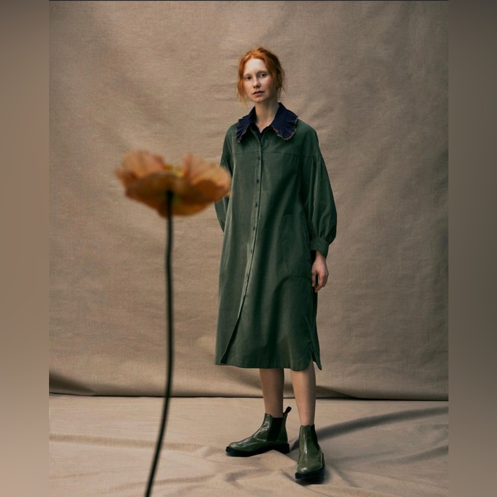 TOAST UK Needlecord Yoke Shirt Dress | Green Black Forest Size 8